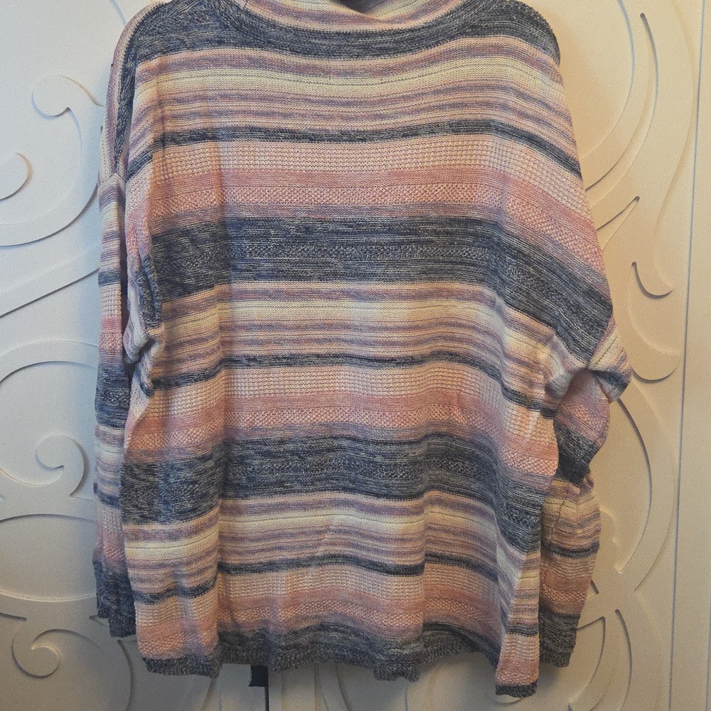 Striped Cotton Linen Blend Knit Sweater - Pink & Gray - Picture 11 of 12